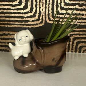 Brown Boot Planter with White Dog Puppy